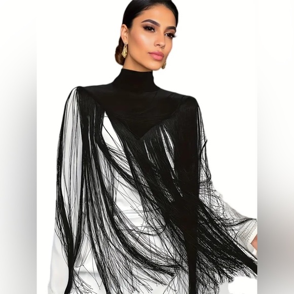 Tassel Trim Mock Neck Crop Shawl Cloak - Picture 1 of 6
